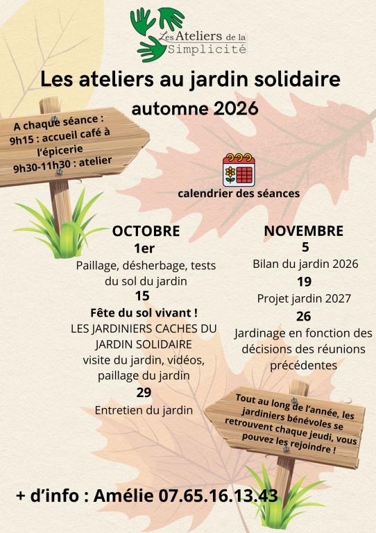 Les ateliers au jardin solidaire programme automne 2026